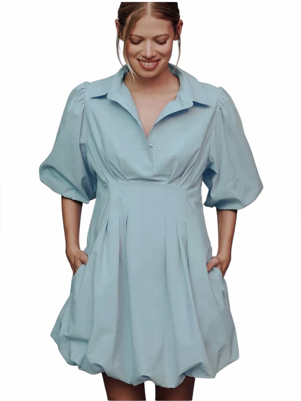 Maeve - Collared Bubble-Hem Mini Dress Light Blue Sz XXSP